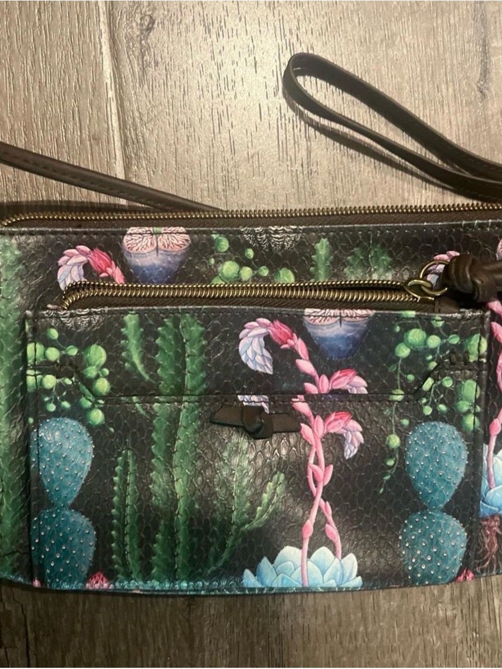 Floral Cactus Print Wristlet Crossbody Bag - Black with Green & Pink